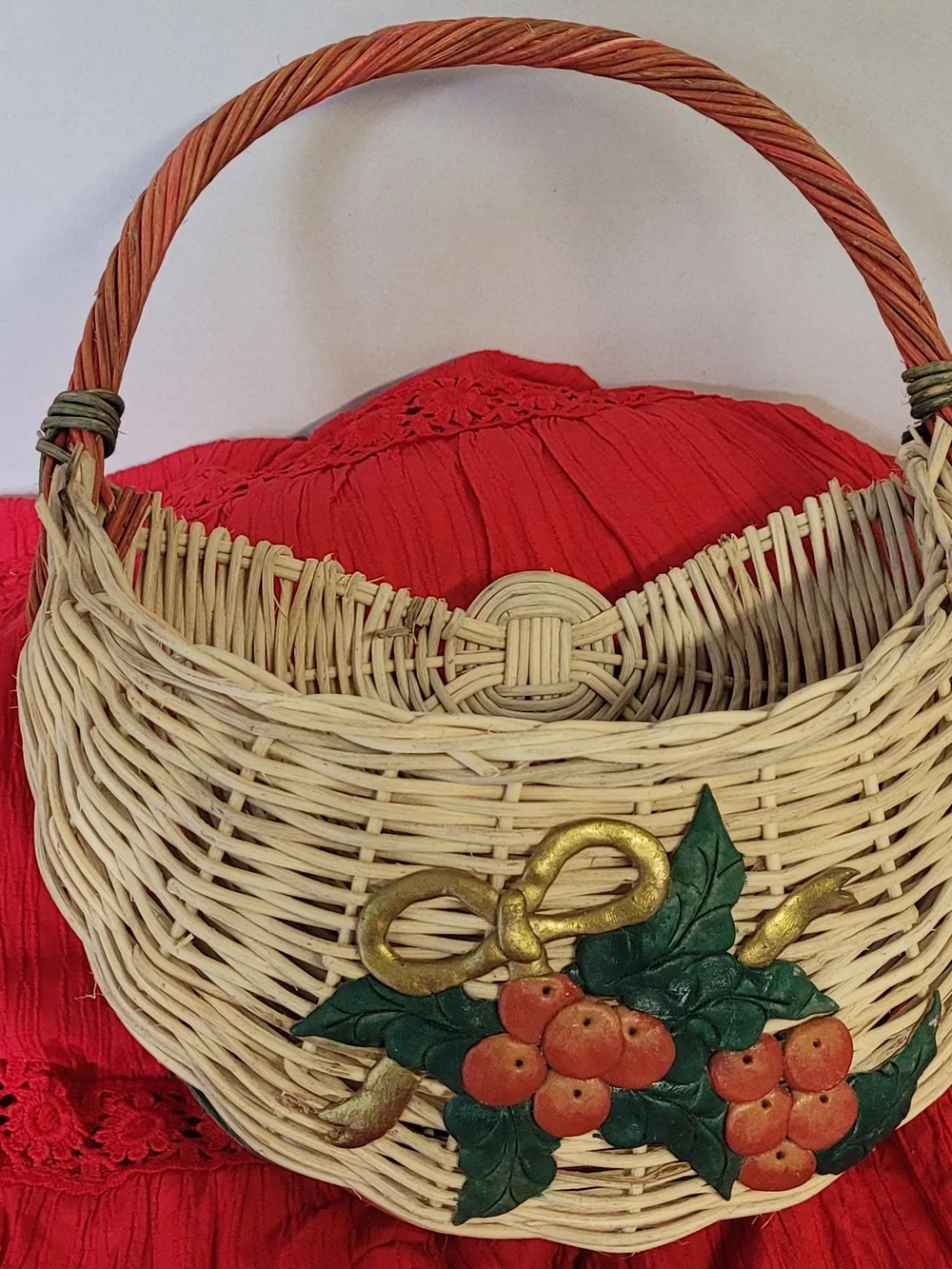 Woven Decorative Wicker Hanging Basket with Red Berry Accents